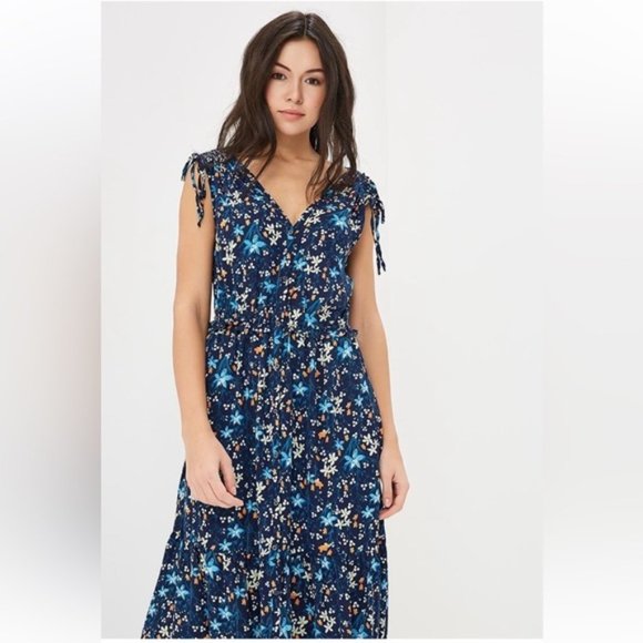 Gap Floral Tiered MIDI Dress Navy Blue v neck with shoulder ties - Picture 2 of 14
